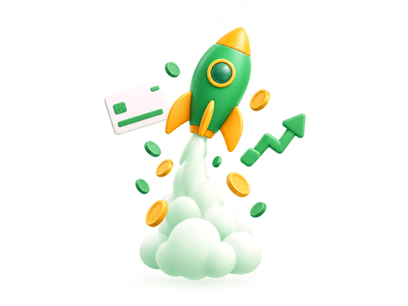 A green rocket lifting off, with coins, a credit card and a rising arrow